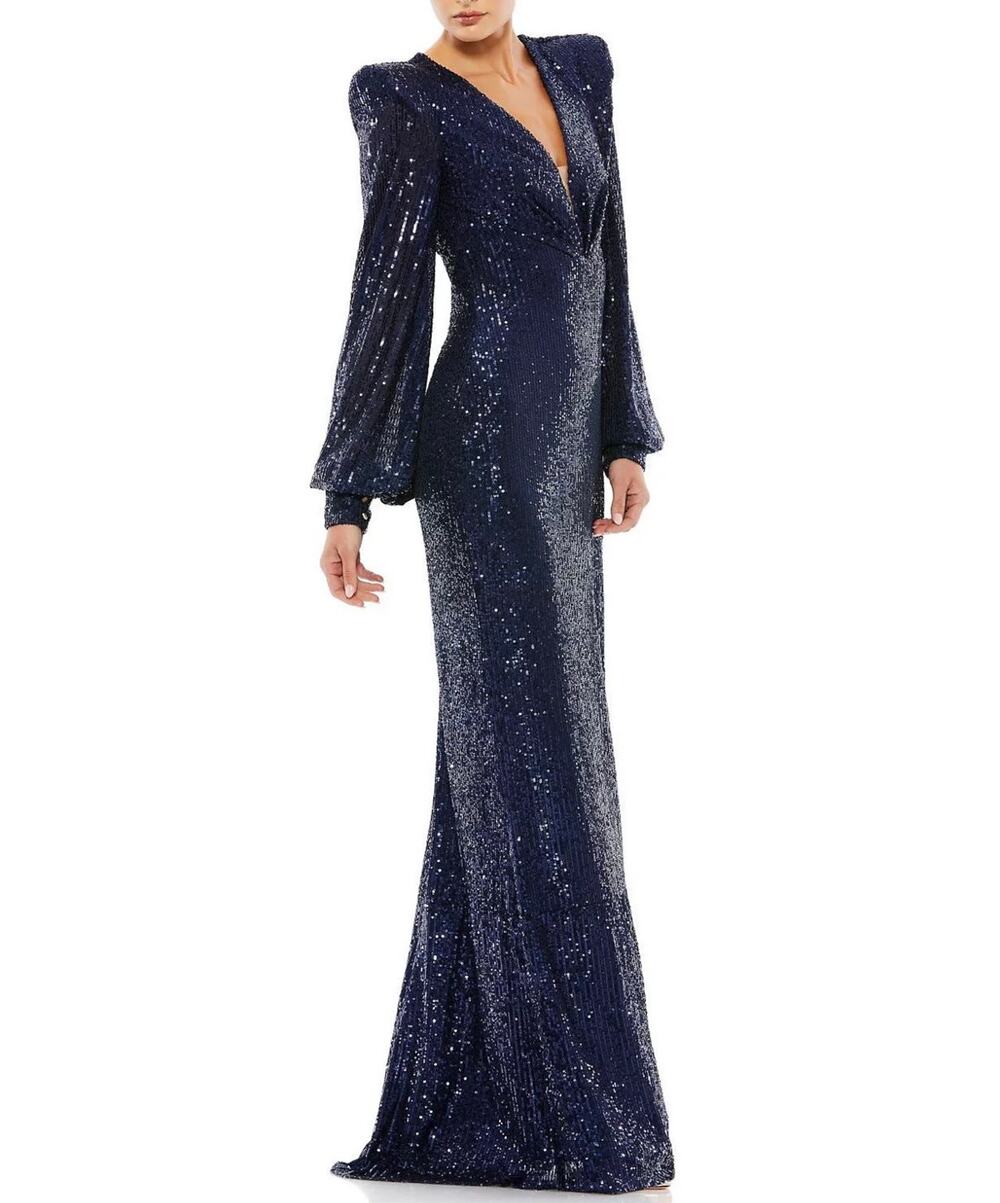 Mac Duggal 26722 Blue Evening Gown Sequined Long Sleeve A-Line Dress Size 6